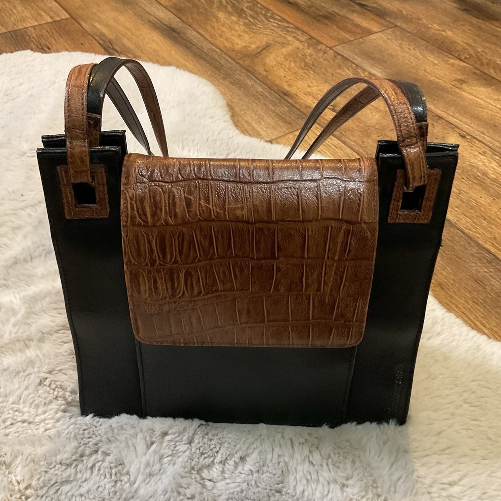 Vintage Bellerose Brown Croc Black Shoulder Bag Purse Wallet Attached Leather